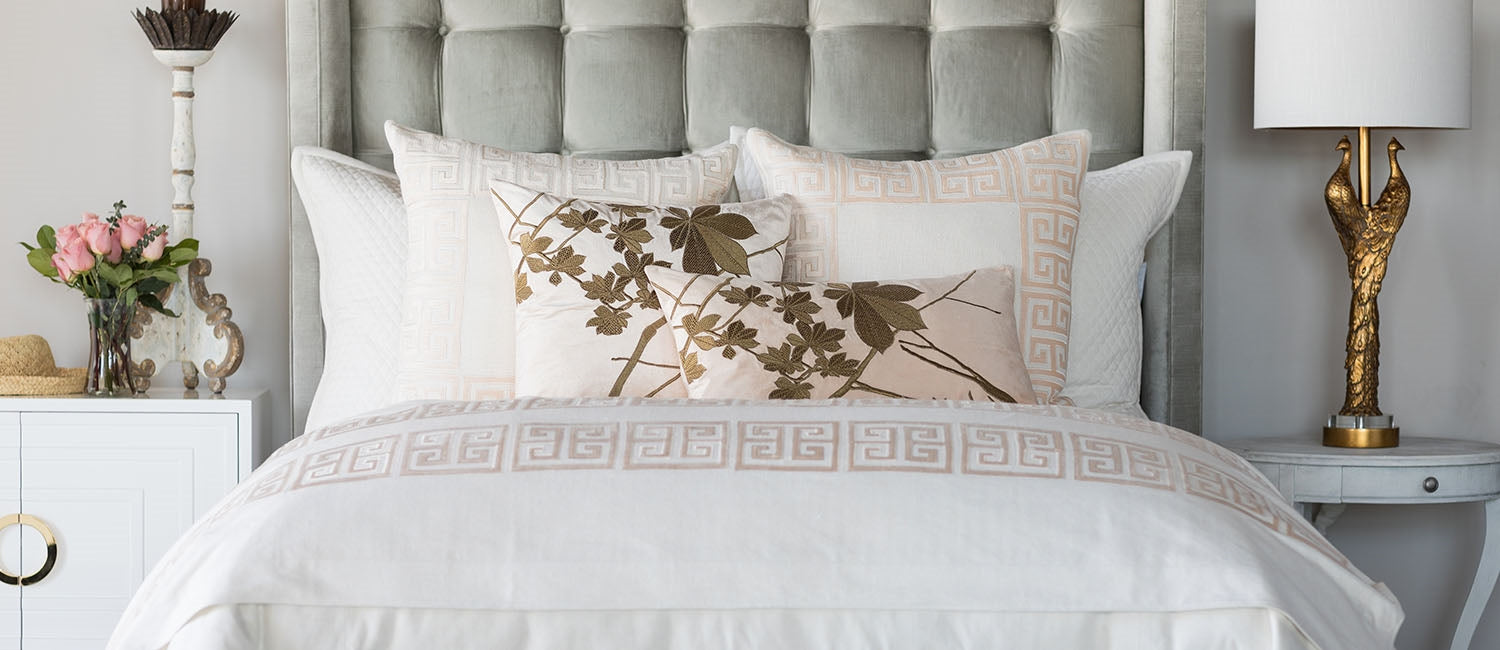 LEAF DECORATIVE PILLOW BLUSH VELVET WITH GOLD BASKETWEAVE AND ANTIQUE GOLD MACHINE EMBROIDERY 24X24