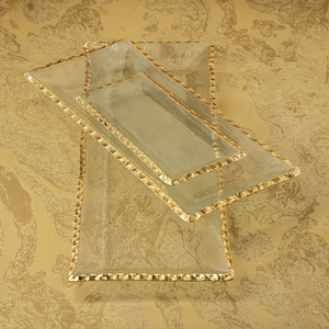 CLEAR TEXTURED RECTANGULAR TRAY WITH JAGGED GOLD RIM - LARGE