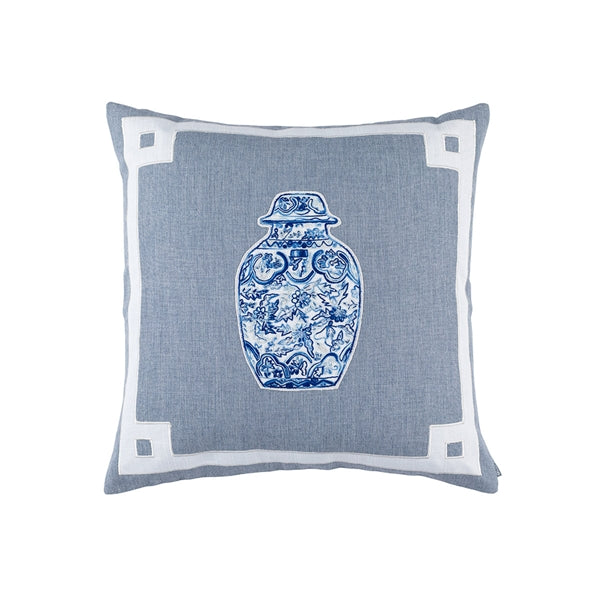 ORIENTAL VASE SQUARE PILLOW BLUE LINEN WHITE/BLUE EMBROIDERY 22X22 (INSERT INCLUDED)