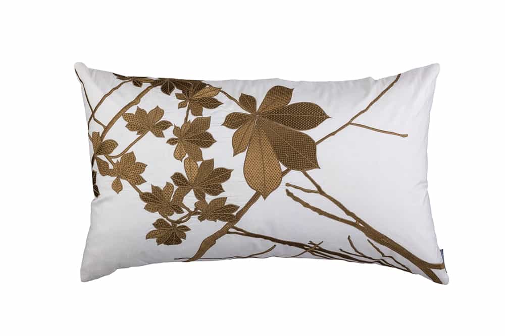 LEAF LG. RECT. IVORY SILK WITH ANTIQUE GOLD MACHINE EMBROIDERY 18X30