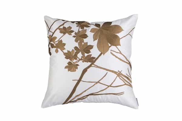 LEAF SQ. IVORY SILK WITH ANTIQUE GOLD MACHINE EMBROIDERY 24X24